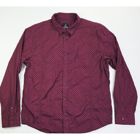 Prana Size XL Mens Burgundy Triangle Pattern Long Sleeve Neck Hem Logos Shirt - Picture 6 of 12